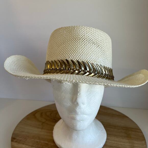 USA Vintage 90s Woven Sun Hat With Metal Golden Spiked Band Hat Size Small - Picture 13 of 14